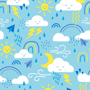 XXL Cute Weather Clouds with Suns, Rainbows, Rain Drops & Lightning Bolts in Blue Yellow Large Scale