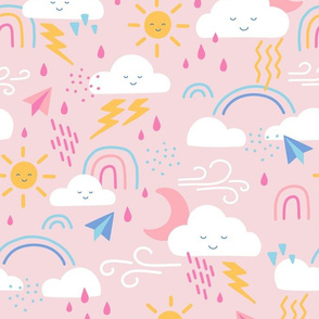 Large Cute Weather Clouds with Suns, Rainbows, Rain Drops & Lightning Bolts in Pink