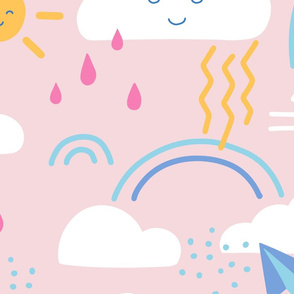 XXL Cute Weather Clouds with Suns, Rainbows, Rain Drops & Lightning Bolts in Pink