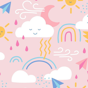 XL Cute Weather Clouds with Suns, Rainbows, Rain Drops & Lightning Bolts in Pink