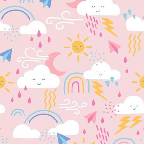 Medium Cute Weather Clouds with Suns, Rainbows, Rain Drops & Lightning Bolts in Pink