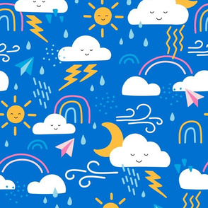 Large Cute Weather Clouds with Suns, Rainbows, Rain Drops & Lightning Bolts in Blue Yellow