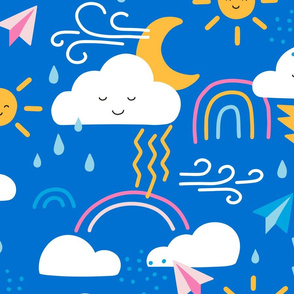 XL Cute Weather Clouds with Suns, Rainbows, Rain Drops & Lightning Bolts in Blue Yellow