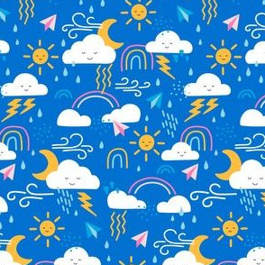 Small Cute Weather Clouds with Suns, Rainbows, Rain Drops & Lightning Bolts in Blue Yellow