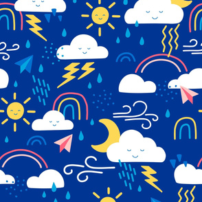 XL Cute Weather Clouds with Suns, Rainbows, Rain Drops & Lightning Bolts in Dark Blue