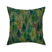 Medium Forest on olive green with bear and squirrel, gender neutral, trees, mushrooms, kids, baby boy, home decor, curtain, autumn, outdoors