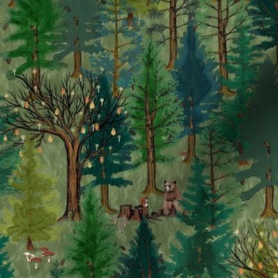 Medium Forest on olive green with bear and squirrel, gender neutral, trees, mushrooms, kids, baby boy, home decor, curtain, autumn, outdoors