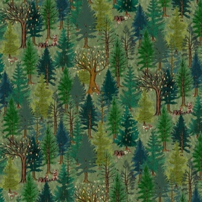 Medium Forest on olive green with bear and squirrel, gender neutral, trees, mushrooms, kids, baby boy, home decor, curtain, autumn, outdoors