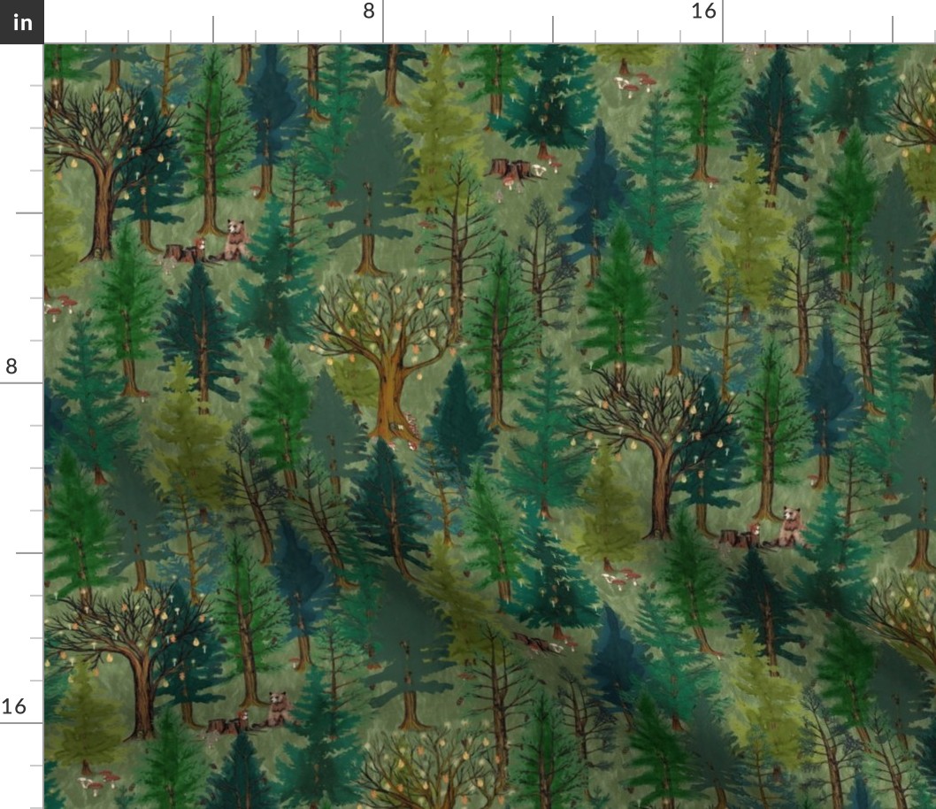 Medium Forest on olive green with bear and squirrel, gender neutral, trees, mushrooms, kids, baby boy, home decor, curtain, autumn, outdoors