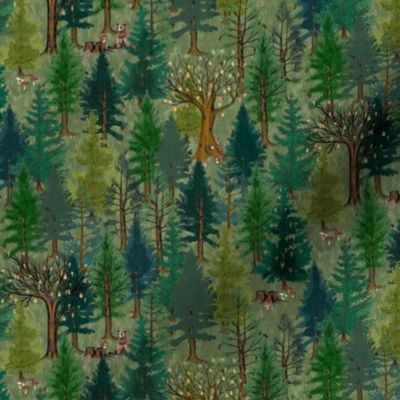 Small Forest on olive green with bear and squirrel, gender neutral, trees, mushrooms, kids, baby boy, woodland animals, autumn, outdoors, 2 inch
