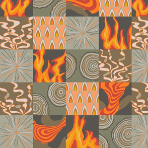 Elemental Fire Outdoor Eco Smoke Wood Flames Environment Patchwork in Red Orange Yellow Gray - SMALL Scale - UnBlink Studio by Jackie Tahara