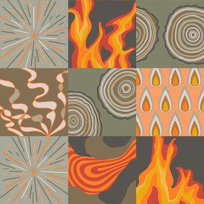 Elemental Fire Outdoor Eco Smoke Wood Flames Environment Patchwork in Red Orange Yellow Gray - LARGE Scale - UnBlink Studio by Jackie Tahara