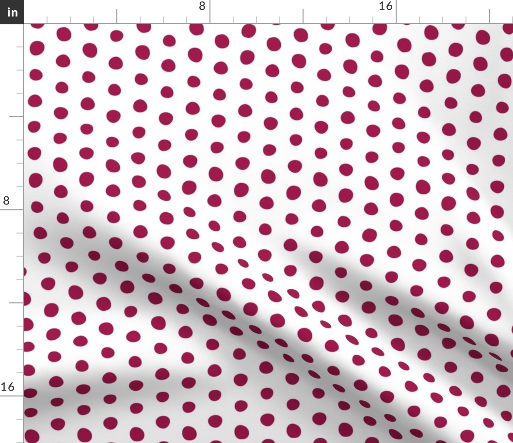 bohemian burgundy red crooked dots on white - dots fabric