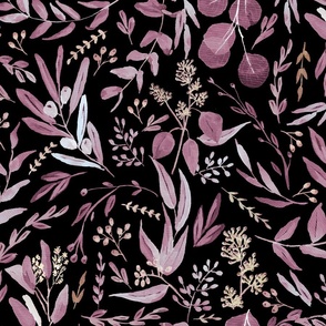 Eucalyptus Leaves Botanical Pattern - Purple and Black