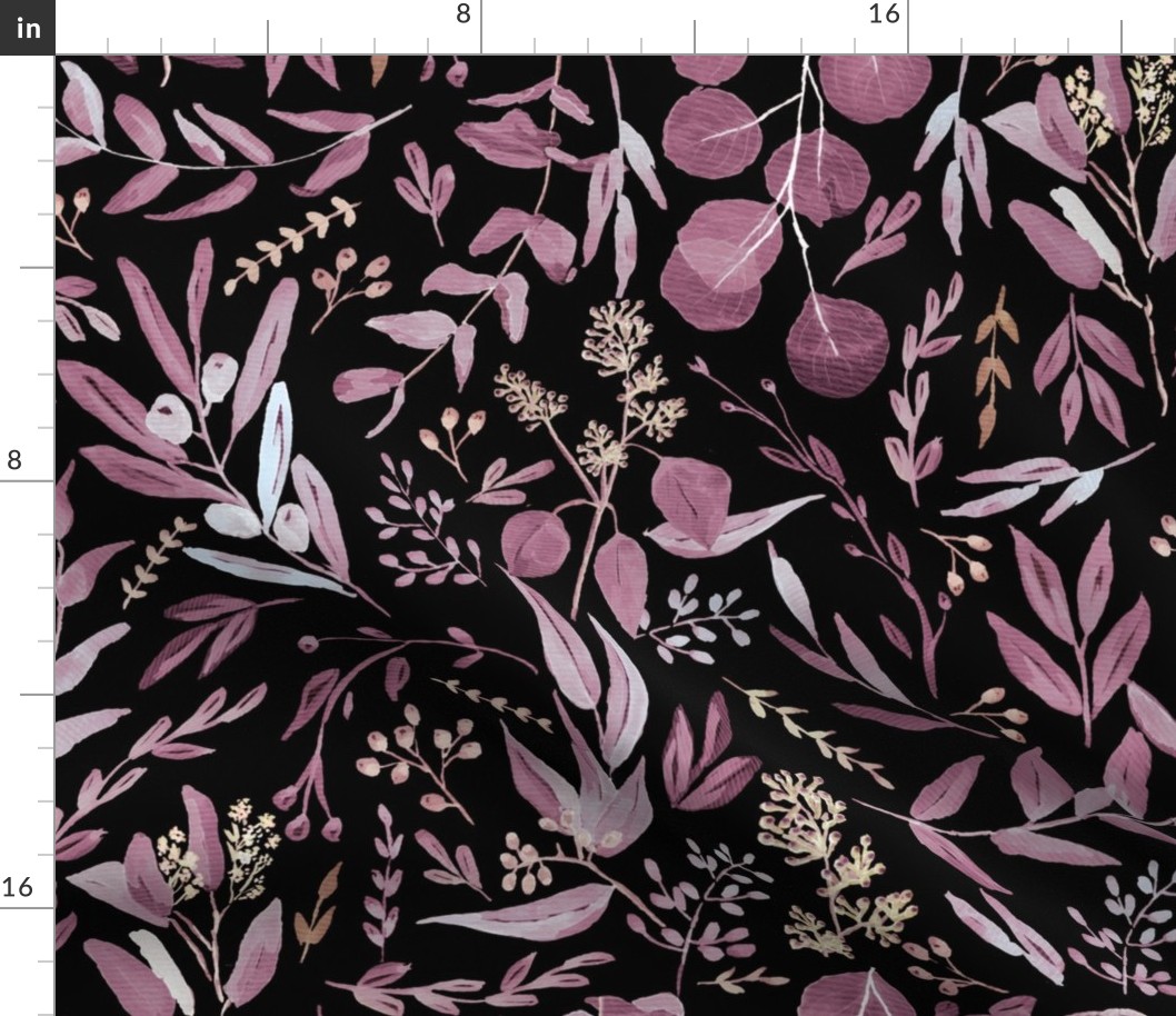 Eucalyptus Leaves Botanical Pattern - Purple and Black