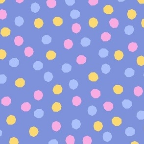 yellow pink and lilac spots, dots on purple