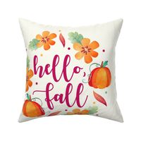 18x18 Panel Hello Fall Pumpkins and Flowers for Throw Pillow or Cushion Cover