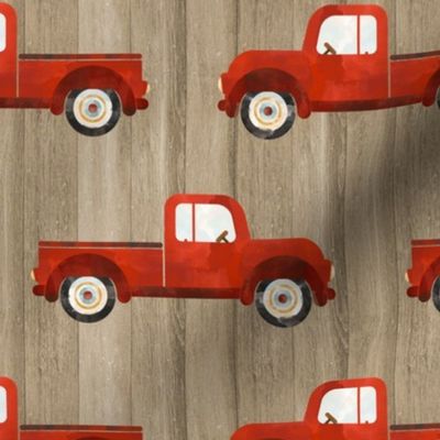 Large Scale Red Farm Truck on Brown Barn Wood