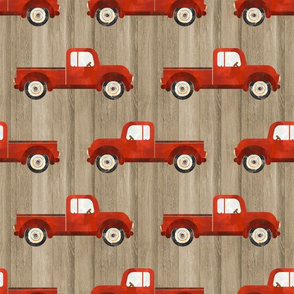 Large Scale Red Farm Truck on Brown Barn Wood