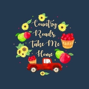 6" Circle Panel Country Roads Take Me Home for Embroidery Hoop Wall Art Potholder or Quilt Square Red Farm Truck Apples and Sunflowers