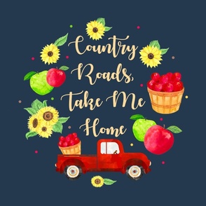 18x18 Panel Take Me Home Country Roads Red Farm Truck Apples and Sunflowers for DIY Pillow or Cushion Cover