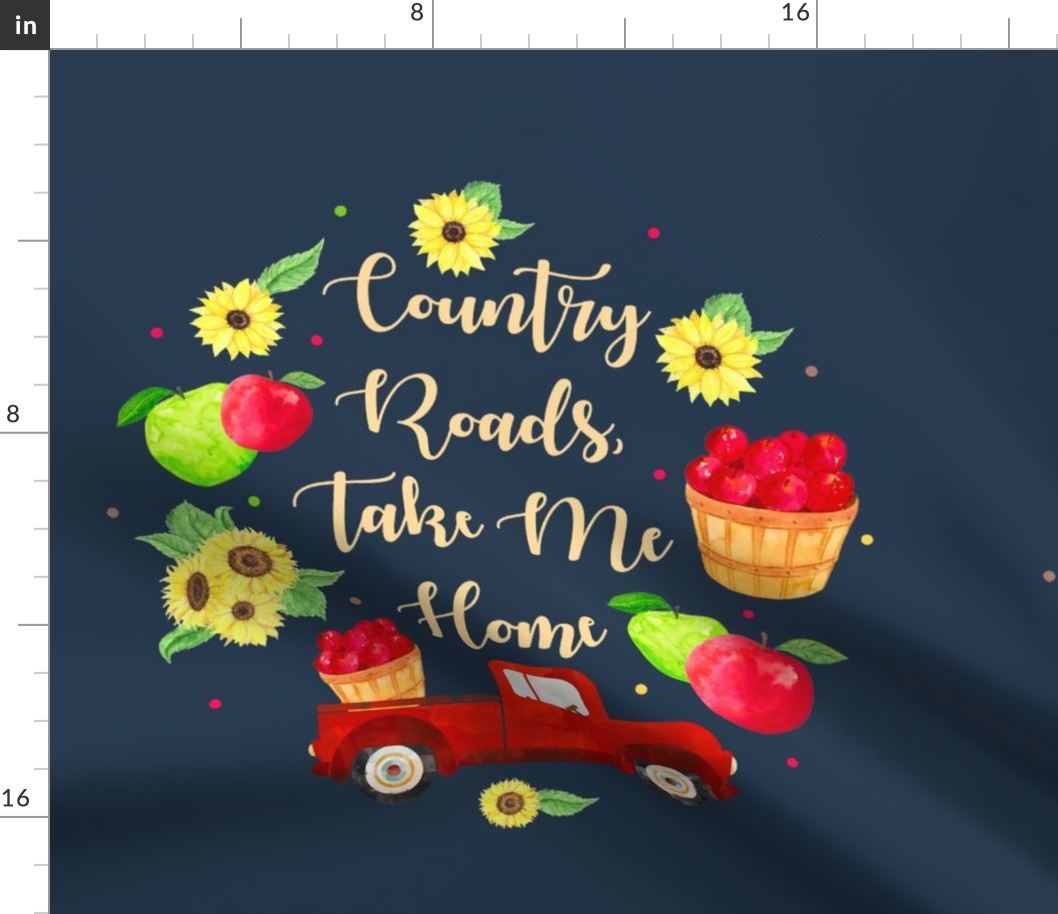 18x18 Panel Take Me Home Country Roads Red Farm Truck Apples and Sunflowers for DIY Pillow or Cushion Cover