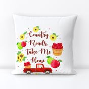 Pillow Front Fat Quarter Size Makes 18" Cushion Pillow Take Me Home Country Roads Red Farm Truck Apples and Sunflowers