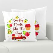 Pillow Front Fat Quarter Size Makes 18" Cushion Pillow Take Me Home Country Roads Red Farm Truck Apples and Sunflowers