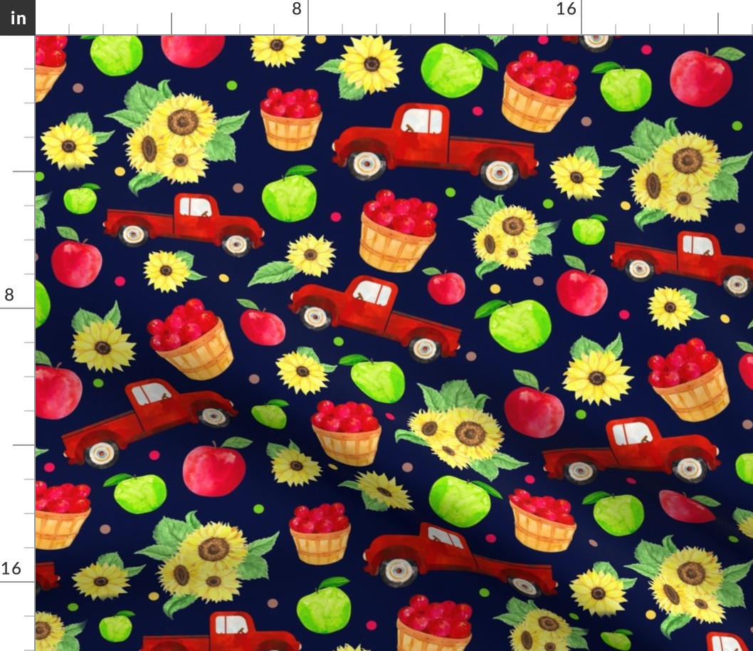 Large Scale Red Farm Truck Apples Sunflowers on Navy