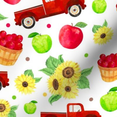 Large Scale Red Farm Truck Apples Sunflowers on White