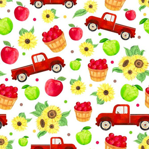 Large Scale Red Farm Truck Apples Sunflowers on White
