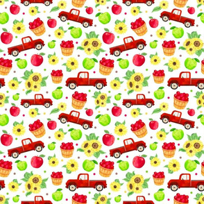 Medium Scale Red Farm Truck Apples Sunflowers on White