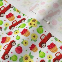 Small Scale Red Farm Truck Apples Sunflowers on White