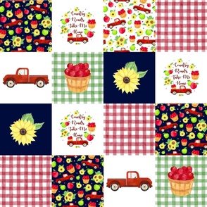 Country Roads Take Me Home Patchwork 6" Square Cheater Quilt Red Truck Apple Farm Sunflowers