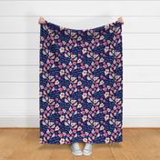 Bigger Scale Singing Watercolor Song Birds Floral on Navy