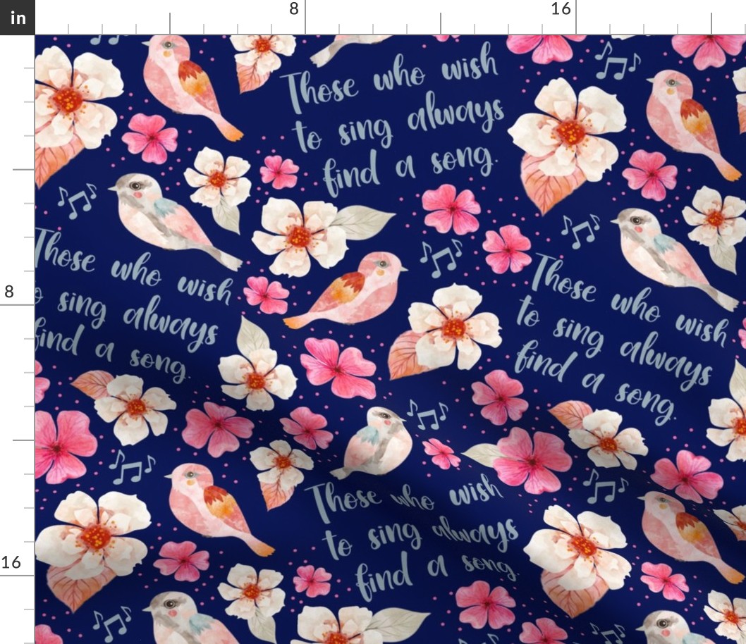Bigger Scale Singing Watercolor Song Birds Floral on Navy
