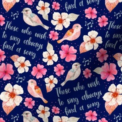 Smaller Scale Singing Watercolor Song Birds Floral on Navy