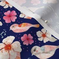 Smaller Scale Singing Watercolor Song Birds Floral on Navy