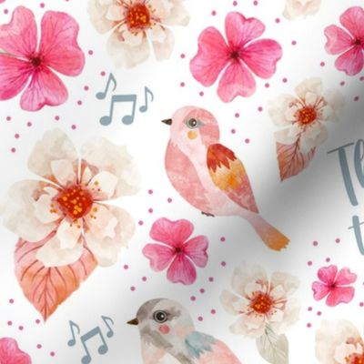 Bigger Scale Singing Watercolor Song Birds Floral on White