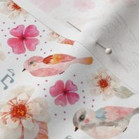Smaller Scale Singing Watercolor Song Birds Floral on White