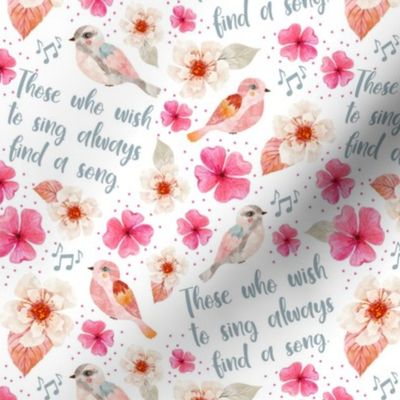 Smaller Scale Singing Watercolor Song Birds Floral on White
