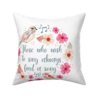 Pillow Sham Front Fat Quarter Size Makes 18x18 Cushion Singing Watercolor Song Bird Floral