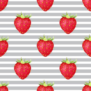 Bigger Scale Strawberries and Stripes - Grey and White