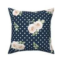 Large Scale Shabby Ivory Roses on Navy with White Polkadots