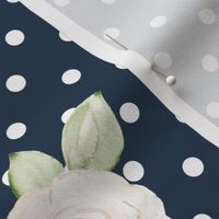 Large Scale Shabby Ivory Roses on Navy with White Polkadots