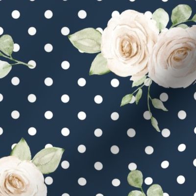 Large Scale Shabby Ivory Roses on Navy with White Polkadots