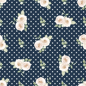 Large Scale Shabby Ivory Roses on Navy with White Polkadots