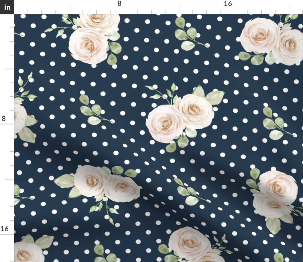 Large Scale Shabby Ivory Roses on Navy with White Polkadots