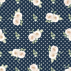 Medium Scale Shabby Ivory Roses on Navy with White Polkadots