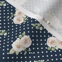 Small Scale Shabby Ivory Roses on Navy with White Polkadots